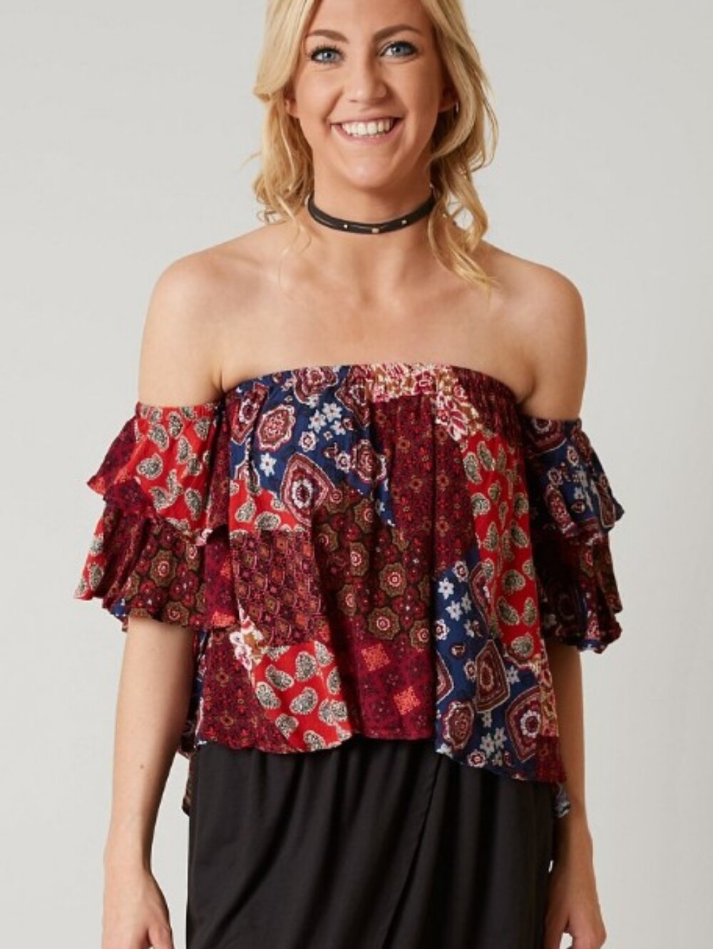 Gypsies & Moondust Navy & Rust Patchwork Boho Off-Shoulder Blouse